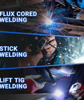 Image showing Flux Cored, Stick, and Lift TIG Welding processes, illustrating uses of the 135 Amp Multi Process Welder For Mig Tig Stick With 110V Power, Flux Core Inverter, Synergic Control, 3 In 1 Machine For MMA, Lift Tig, Flux Mig Welding, Easy Setup, No Fuss, Durable, Ideal For Home Shop Projects.