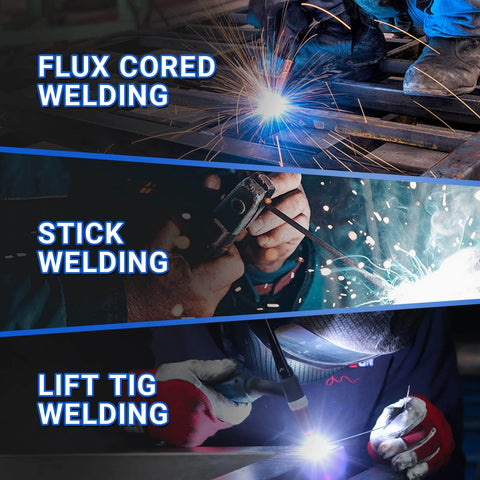 Image showing Flux Cored, Stick, and Lift TIG Welding processes, illustrating uses of the 135 Amp Multi Process Welder For Mig Tig Stick With 110V Power, Flux Core Inverter, Synergic Control, 3 In 1 Machine For MMA, Lift Tig, Flux Mig Welding, Easy Setup, No Fuss, Durable, Ideal For Home Shop Projects.
