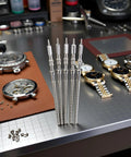 5 Piece Steel Watch Stem Crowns Kit For NH35 NH36 NH38 NH39 Movements on watchmaker's workbench