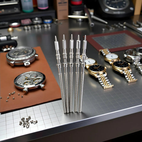 5 Piece Steel Watch Stem Crowns Kit For NH35 NH36 NH38 NH39 Movements on watchmaker's workbench