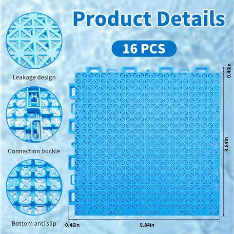 Interlocking Pool Drainage Mats For Above Ground Walkways Keeps Dirt Out Of The Pool 16 Pack Durable Plastic Floor Mats With Simple Splice Design For Pool Decks And Shower Areas 9.84 By 9.84 Inches, blue mat detail view.