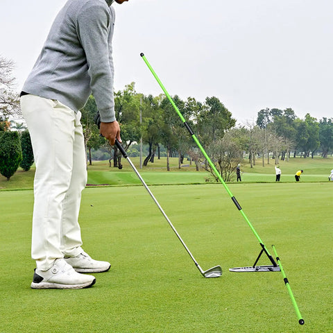 Golf course use of Pro Grade Golf Swing Trainer With Adjustable Angle Tool And Red Fiberglass Direction Rod For Swing Plane