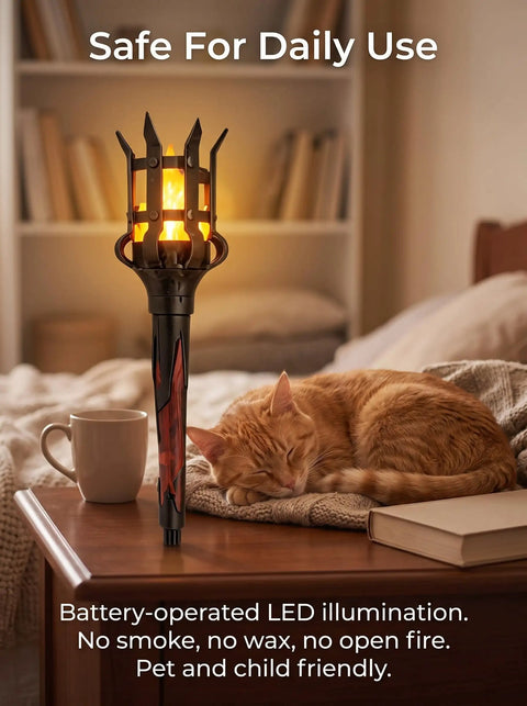 Close-up of Medieval LED Torch Wall Sconce Flickering Flame Castle Light (Red) beside a sleeping cat on a table.