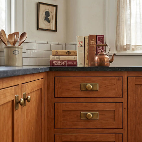 Antique Brass Cabinet Knobs With Backplate Escutcheon on wooden kitchen drawers in a vintage setting.