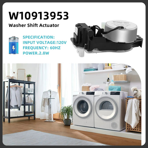 Premium Upgraded Washer Shift Actuator Heavy Duty for top load machines W10913953 on a laundry setup with modern appliances.