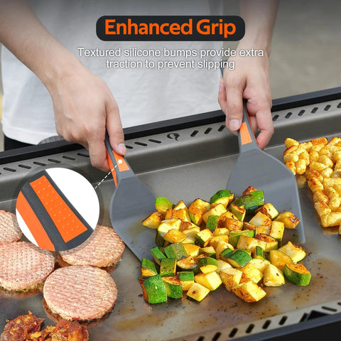 Hands using Four Piece Non Stick Griddle Kit For Blackstone Griddles Includes Large Spatula Long Spatula Griddle Scoop And Tong Tailgate Ready Barbecue Gear For Backyard Hibachi And Camp Chef Compatible to cook vegetables and burgers on a griddle.
