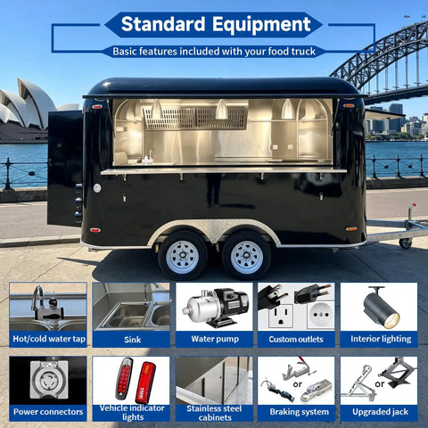 Heavy Duty Turnkey Commercial Grade Black Taco Food Truck And Slick Mobile Catering Trailer With Private Restroom And Dot Certified Build For Operations showing standard equipment.