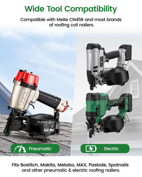 Pro Grade 15 Degree Coil Roofing Nails 1 1 2 Inch 720 Piece Box shown with various roofing nailers for compatibility.