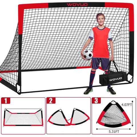 Child holding soccer ball in front of Backyard Soccer Goals Set Of Two Six By Four Feet Portable Pop Up Training Goals With Target Net