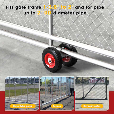 Heavy Duty Steel Gate Wheel With 8 Inch Rubber Rolling Carrier supports metal tube gate, prevents ground drag.