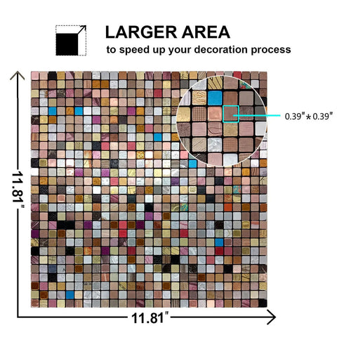 Peel And Stick Metal Tile Backsplash Kit For Kitchen And Bathroom Self Adhesive Aluminum Mosaic Colorful Mix 11.81 Inch Square Easy Install Reflective 3D Mirror Look shown in grid design.