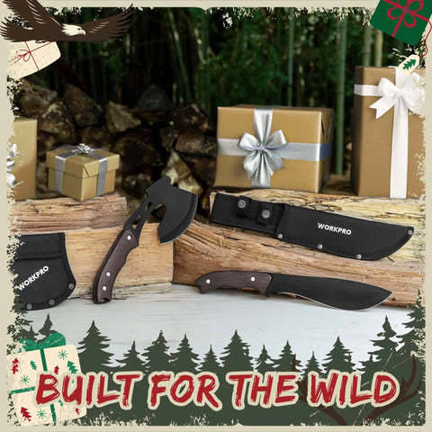Outdoor Axe And Fixed Blade Knife Set With Full Tang And Wood Handle For Camping Survival And Hunting Durable Stainless Steel Blades Sheath Included Real Handy Gear For Any Adventure on logs