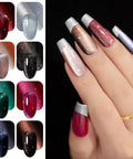 Cat Eye Gel Nail Polish Set With Magnetic 3D Glitter Effect, 8 Color UV Varnish Kit on manicured nails and color swatches