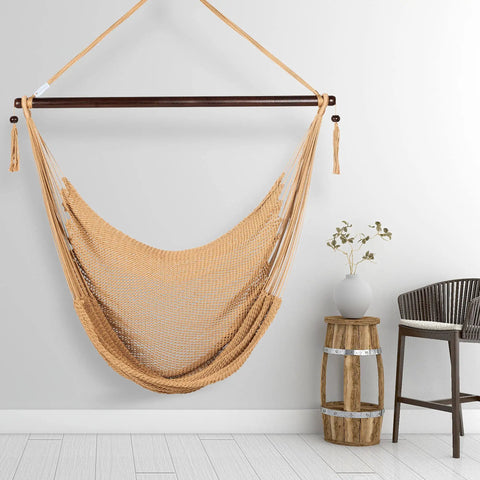 Ultra Comfy 48 Inch Polyester Hammock Chair With Built In Footrest, Spacious Ergonomic Swing Seat, Weather Resistant Outdoor Hanging Chair In Tan