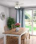 Indoor Low Profile Ceiling Fan With Dope LED Light And Pull Chain, 42 Inch, in modern dining room with white glass light cover.