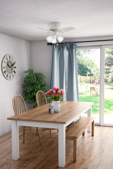 Indoor Low Profile Ceiling Fan With Dope LED Light And Pull Chain, 42 Inch, in modern dining room with white glass light cover.