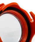 90 Degree RV Tote Tank Adapter With Clear Low Profile Elbow And Odor Tight Locking Heavy Duty Resin Construction Universal Lug Sewer Fit Dual Bayonet End Prongs For Easy Dump And Downhill Drainage, orange resin elbow close-up