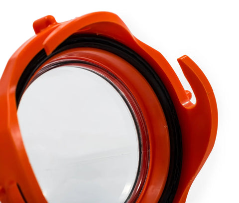 90 Degree RV Tote Tank Adapter With Clear Low Profile Elbow And Odor Tight Locking Heavy Duty Resin Construction Universal Lug Sewer Fit Dual Bayonet End Prongs For Easy Dump And Downhill Drainage, orange resin elbow close-up