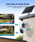 Solar Wireless Outdoor Security Camera System with Dual Lens 360 Degree Coverage mounted on a wall, featuring a solar panel.