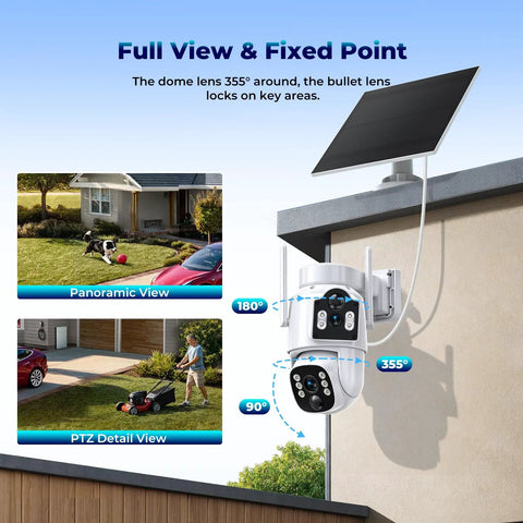 Solar Wireless Outdoor Security Camera System with Dual Lens 360 Degree Coverage mounted on a wall, featuring a solar panel.
