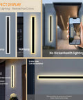 2 Pack Long Outdoor LED Wall Lights 31.5 Inches, Modern Rectangular Black Wall Mount Fixtures, installed on porch, warm glow