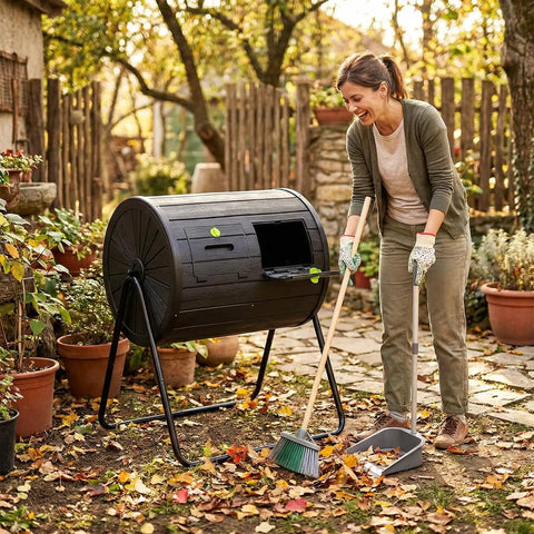 Dual Chamber Compost Tumbler 37.5 Gallon Outdoor Bin BPA Free Rotating Composter With Two Lockable Doors Easy Assembly in garden