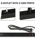 Kick The Clutter With This Badass Heavy Duty Power Strip Packing Six AC Outlets And Two Fast USB Chargers Six Foot Braided Surge Guard Cable For Phones Tablets And Desk Setups Black 300 Joules Shield with six AC outlets and two USB ports.