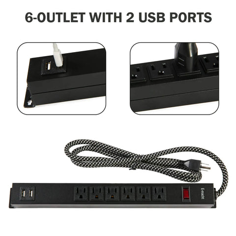 Kick The Clutter With This Badass Heavy Duty Power Strip Packing Six AC Outlets And Two Fast USB Chargers Six Foot Braided Surge Guard Cable For Phones Tablets And Desk Setups Black 300 Joules Shield with six AC outlets and two USB ports.