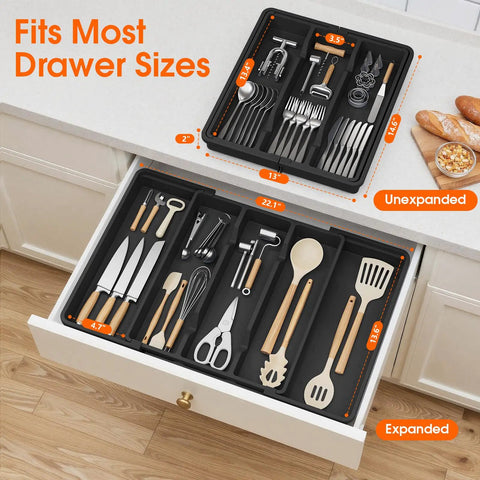 Expandable Silverware Drawer Organizer For Kitchen Drawers 3 To 5 Compartments Utensil Tray Fits Spoons Forks And Knives Black