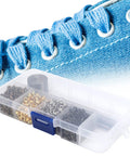 2mm Plated Copper Grommet Kit With Mini Eyelets And Plastic Storage Box For Shoelaces Belts And Craft Projects Durable Rust Resistant Hardware For Repairs Or Creative Upgrades next to blue shoe