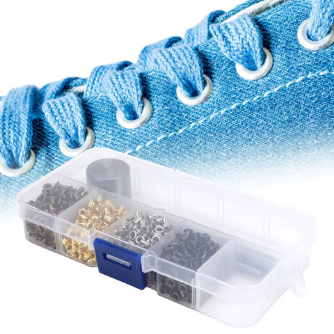 2mm Plated Copper Grommet Kit With Mini Eyelets And Plastic Storage Box For Shoelaces Belts And Craft Projects Durable Rust Resistant Hardware For Repairs Or Creative Upgrades next to blue shoe