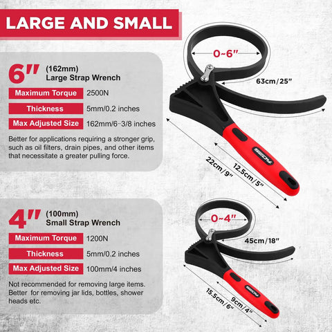 Heavy Duty Rubber Strap Adjustable Wrench Set, Includes 6 Inch And 4 Inch Wrenches, Oil Filter Jar Opener, size comparison