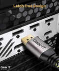 Long 16 Foot DisplayPort Cable For Gaming PC And Monitor Five Pack DP 1.4 connected to PC port showing latch-free design