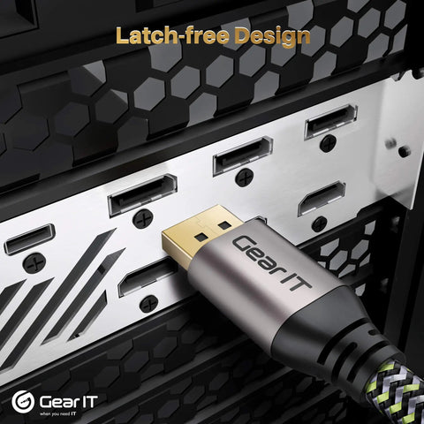 Long 16 Foot DisplayPort Cable For Gaming PC And Monitor Five Pack DP 1.4 connected to PC port showing latch-free design