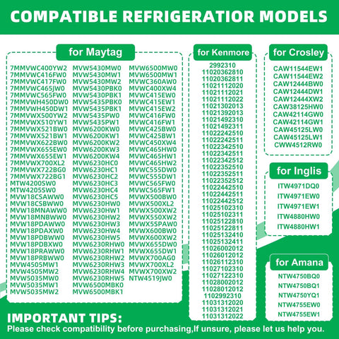 Refrigerator compatibility chart with green header listing models for Maytag, Kenmore, Crosley, Inglis, and Amana.