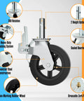Heavy Duty Scaffolding Wheels With Swivel Stem Mount And Dual Lock Brakes For Smooth Riding On Tough Job Sites Eight Inch Non Marking Rubber Casters In Black close-up with locking system and steel components.