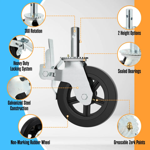 Heavy Duty Scaffolding Wheels With Swivel Stem Mount And Dual Lock Brakes For Smooth Riding On Tough Job Sites Eight Inch Non Marking Rubber Casters In Black close-up with locking system and steel components.