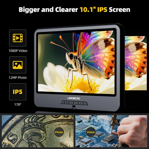 10.1 Inch IPS Digital Microscope With Flexible Arm Stand And 56 LED Ring Light For Coins And Soldering Electronics 260X Magnification PC View Dope For Home Hobbyists And Electronics Enthusiasts, 10.1-inch IPS screen