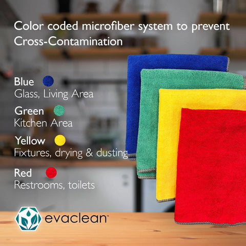 EvaClean microfiber cleaning cloths 16x16 in; color-coded stack in blue, green, yellow, red, 12-pack.