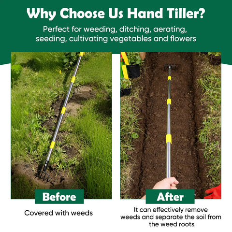Heavy Duty Garden Hand Tiller Cultivator With Four Tines Adjustable Long Handle Tackle Tough Weeds And Compact Soil Loosener