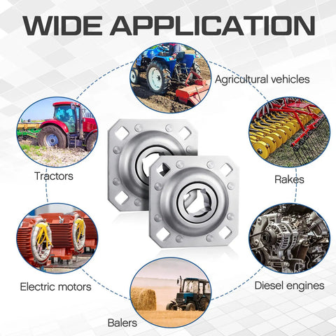 Solid 4 Piece Disc Harrow Bearing Set With 1-1/8 Inch Square Bore And 4-3/4 Inch Bolt Hole Specs Built Ridiculously Tough To Handle Real Farm Work Without Stalling So You Can Keep Your Tractor Running Like A Dream While Avoiding Repair Bills. square bore bearing set for tractors and rakes