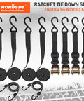 Heavy Duty 2200 Lb Ratchet Tie Down Straps 4 Pack 15 Ft Long Black Cargo Straps with hooks and ratchets displayed
