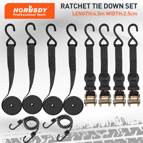 Heavy Duty 2200 Lb Ratchet Tie Down Straps 4 Pack 15 Ft Long Black Cargo Straps with hooks and ratchets displayed