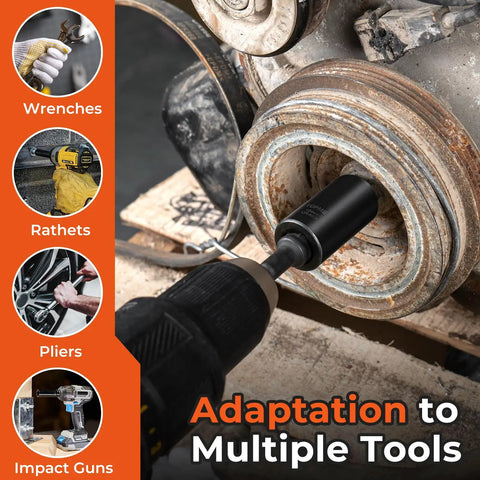 Lug Nut Removal Kit With Six Piece Extractor Set One Half Inch Drive in use on rusted wheel, showcasing versatility with tools.