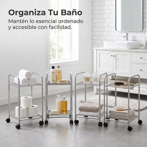 Metal Storage Rack On Wheels, Floor Standing Movable Shelving Unit For Easy Home Organization in a bathroom
