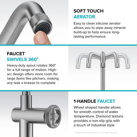 Urbix Industrial Single Handle Bar Kitchen Faucet In Matte Black With Diamond Textured Accents showing swivel and aerator features