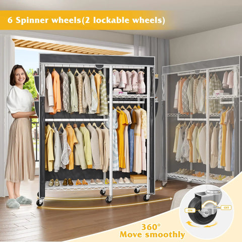 Straight Up Heavy Duty Rolling Clothes Rack With Removable Dust Cover Portable Closet Featuring Four Hanging Zones Adjustable Shelf And Smooth Gliding Wheels For Zero Hassle Storage