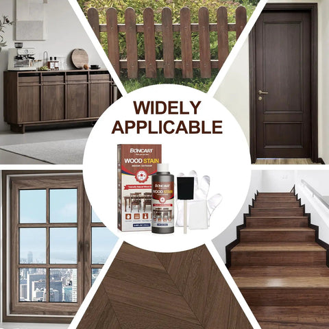 Totally Non Toxic Water Based Wood Stain For Raw Wood And Furniture Dark Oak Shade displayed with various furniture and wood fixtures.