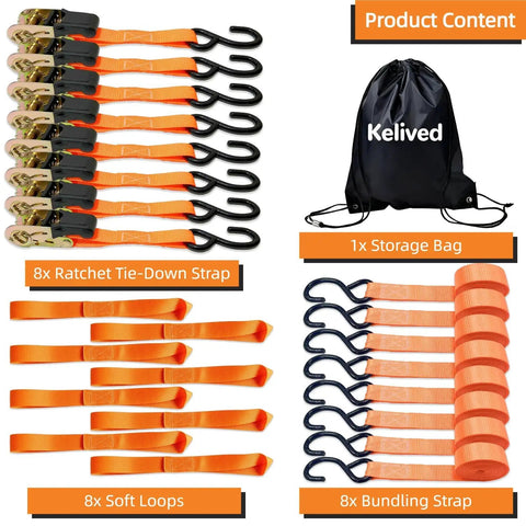 Trucker Grade Ratchet Tie Down Straps 8 Pack One Inch By 16 Feet Rock Solid Build With Beefy Rubber Handles Securing Motorcycles ATVs Trucks and Heavy Gear Without Breaking A Sweat with storage bag