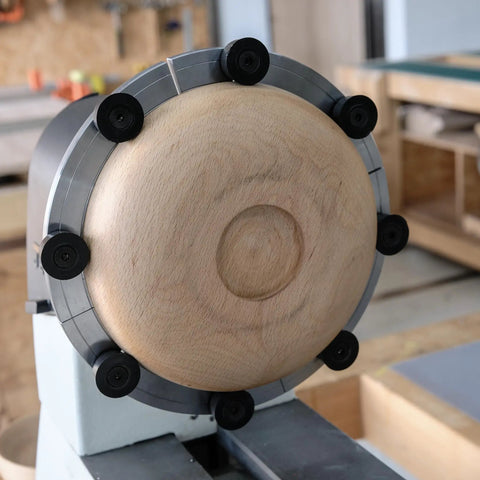 10 Inch Flat Jaws For CK100 Series Chuck Woodturning Lathe Mount showing wooden bowl secured with CK JS8 M5x12mm screws.